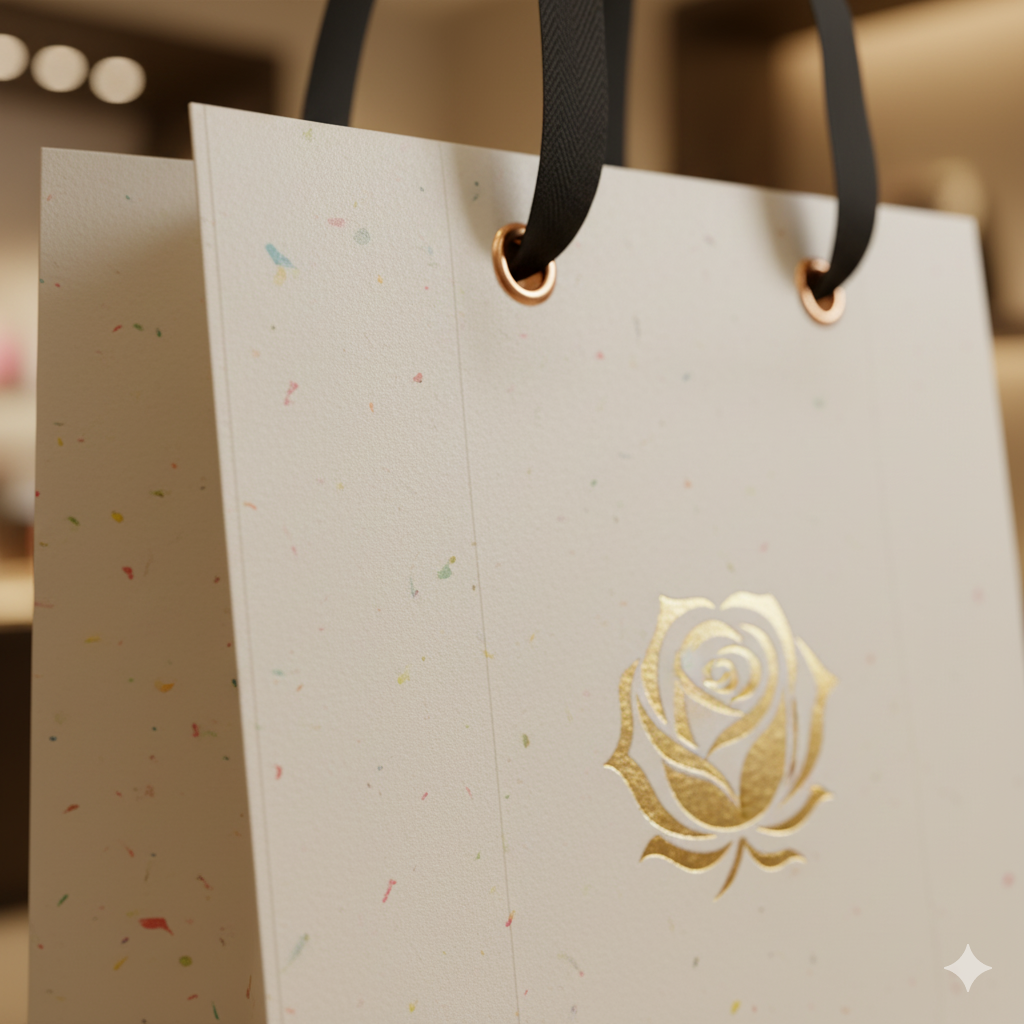 Close-up de uma sacola personalizada com design elegante, mostrando a textura do papel.