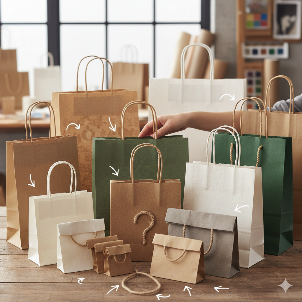 Diversas sacolas de papel de diferentes tamanhos e materiais, simbolizando a escolha da embalagem.