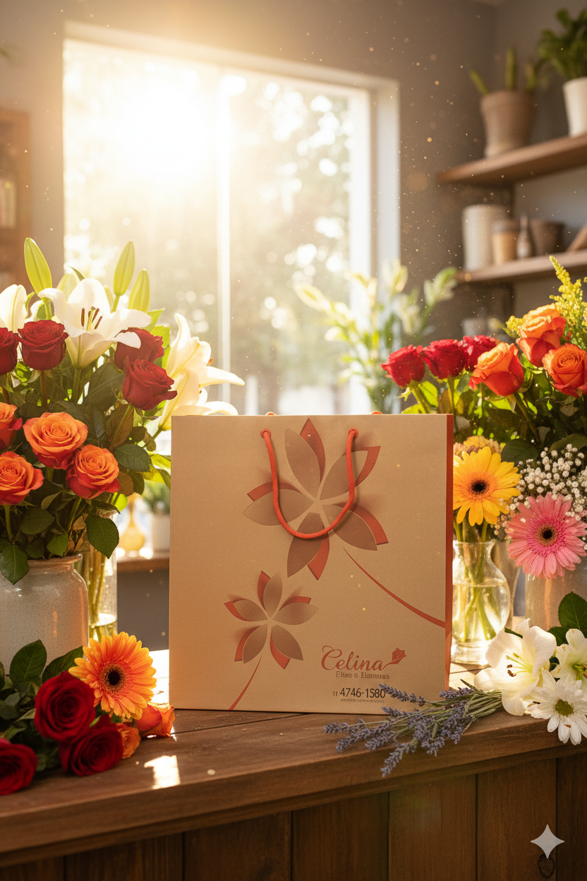 Sacola de papel kraft com um design de impressão simples e elegante.