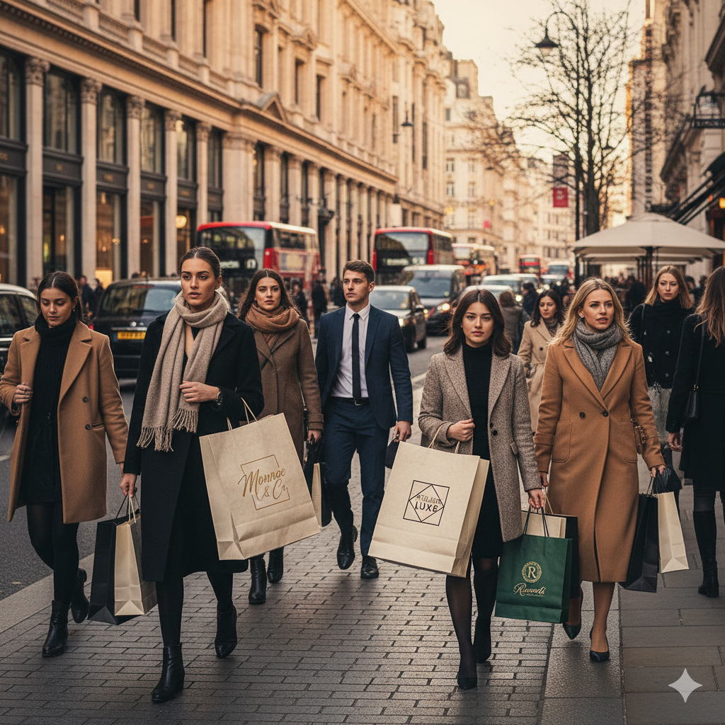 Pessoas caminhando em uma rua movimentada, várias delas carregando sacolas de compras personalizadas.