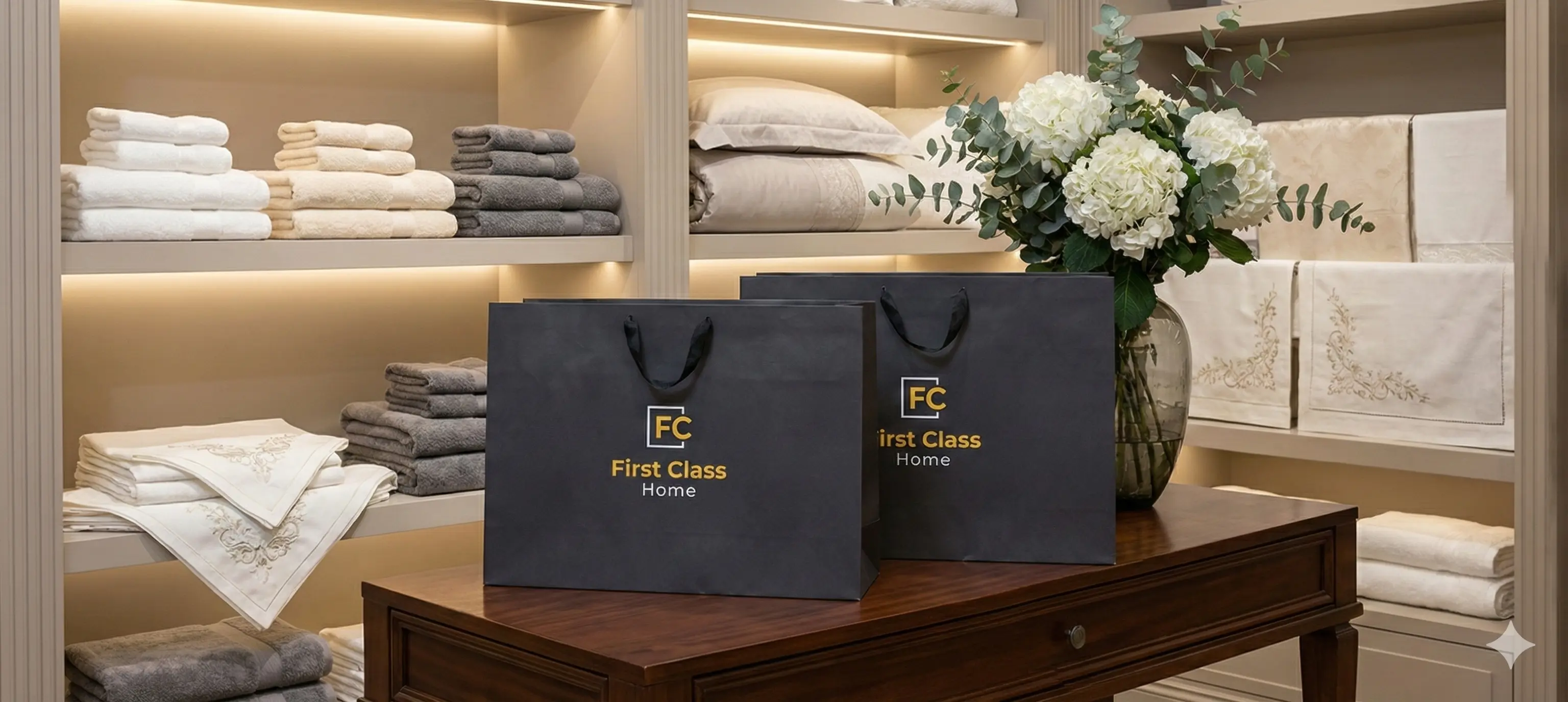 Sacola de papel de grande formato, elegante e robusta, ao lado de itens de cama e mesa.