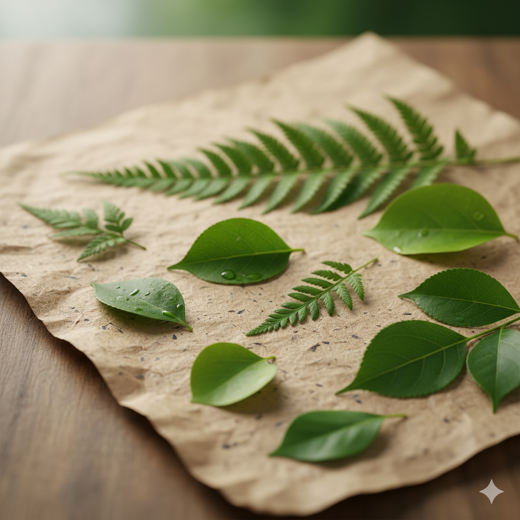 Folhas verdes sobre uma textura de papel reciclado, simbolizando sustentabilidade na indústria de embalagens.