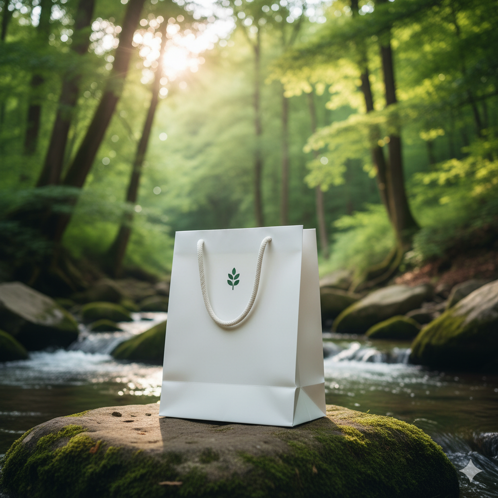 Design de sacola de papel minimalista e moderno em um ambiente natural.