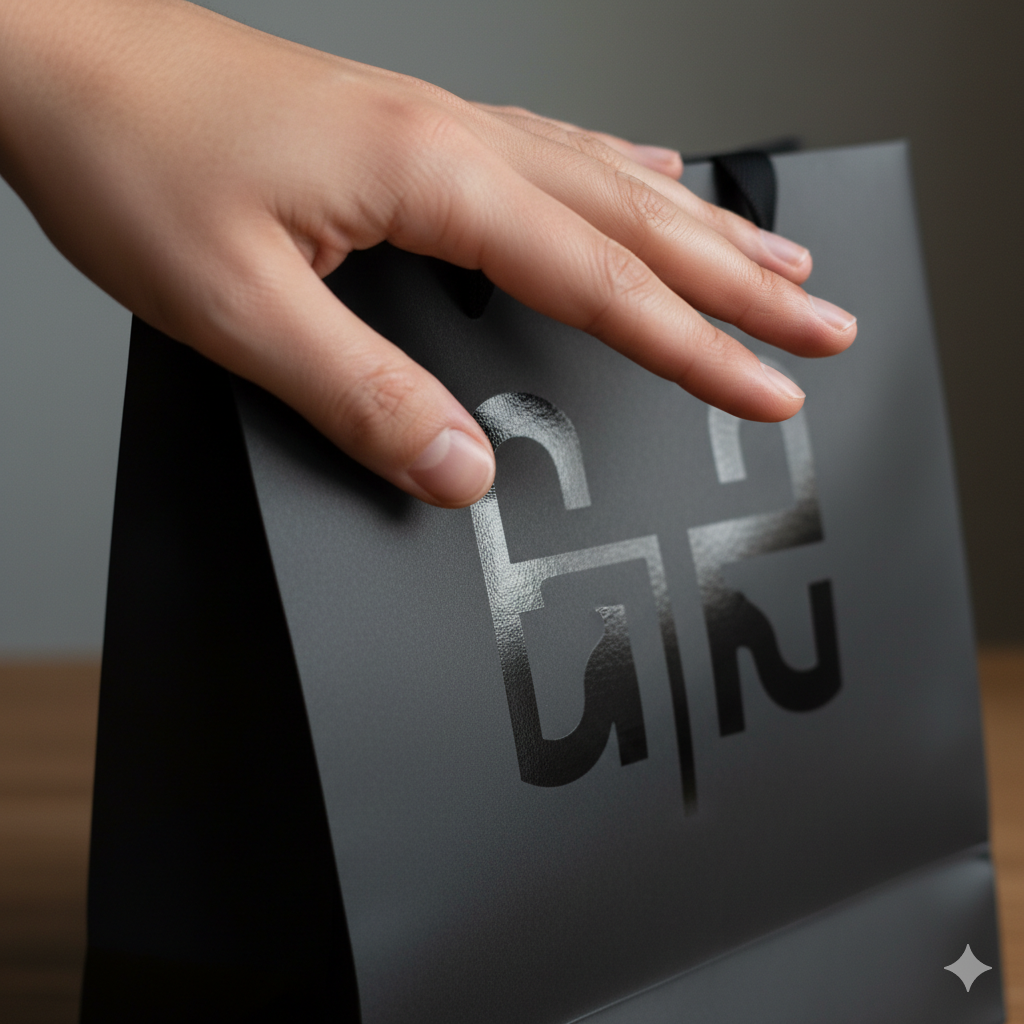 Mão tocando o detalhe de um verniz UV localizado em uma sacola de papel fosca.