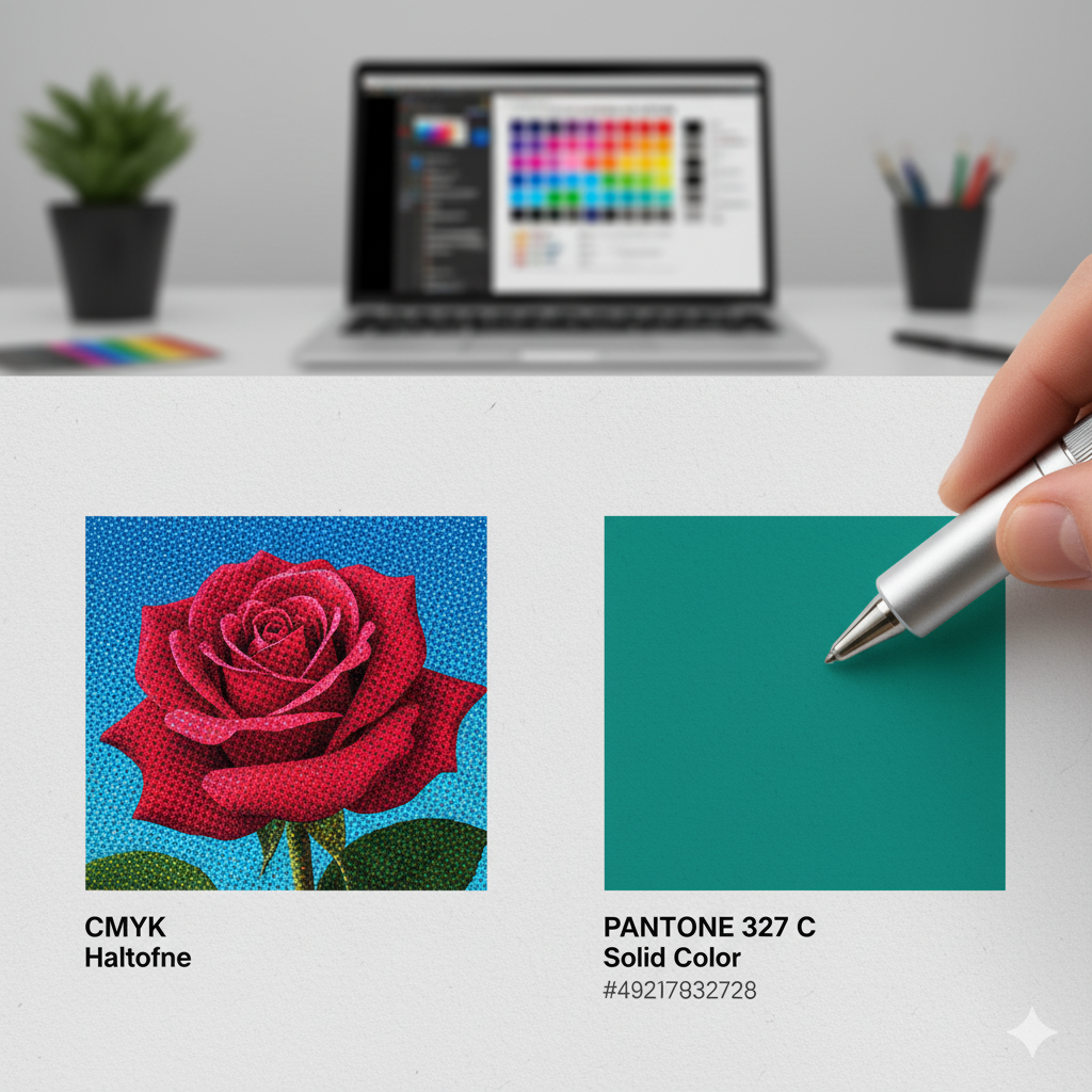 Comparativo visual entre a mistura de pontos CMYK e uma cor sólida Pantone.