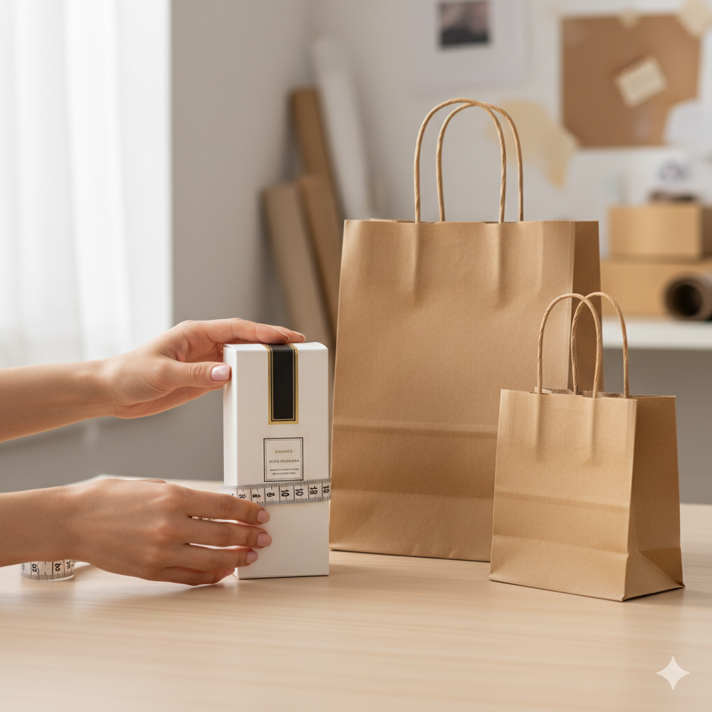 Mãos medindo as dimensões de um produto para escolher o tamanho da sacola.