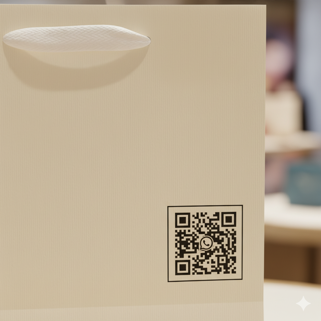 Close-up de um QR Code impresso de forma elegante no canto de uma sacola de papel.