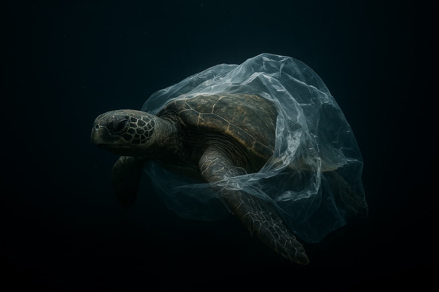 Tartaruga marinha presa em uma sacola plástica na água, com um ton sombrio.