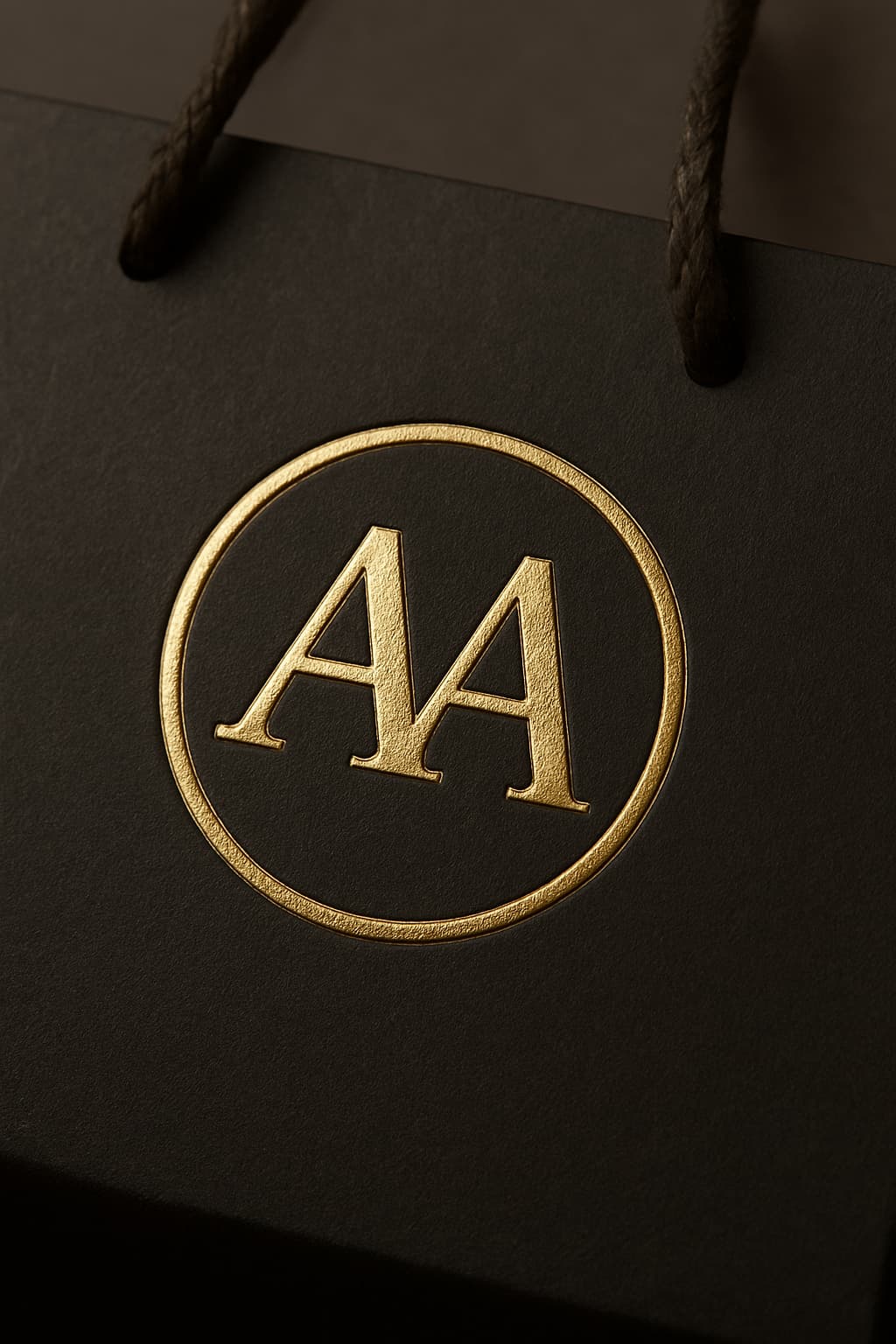 Close-up em uma sacola de papel de alta qualidade com acabamento hot stamping, contrastando com o plástico.