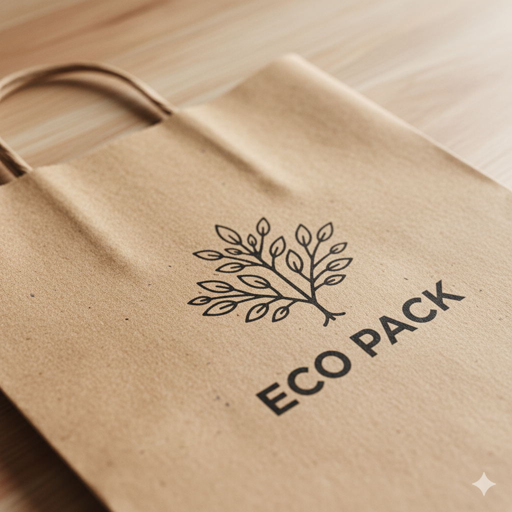 Close-up de uma sacola de papel Kraft com impressão em preto, destacando sua textura natural.