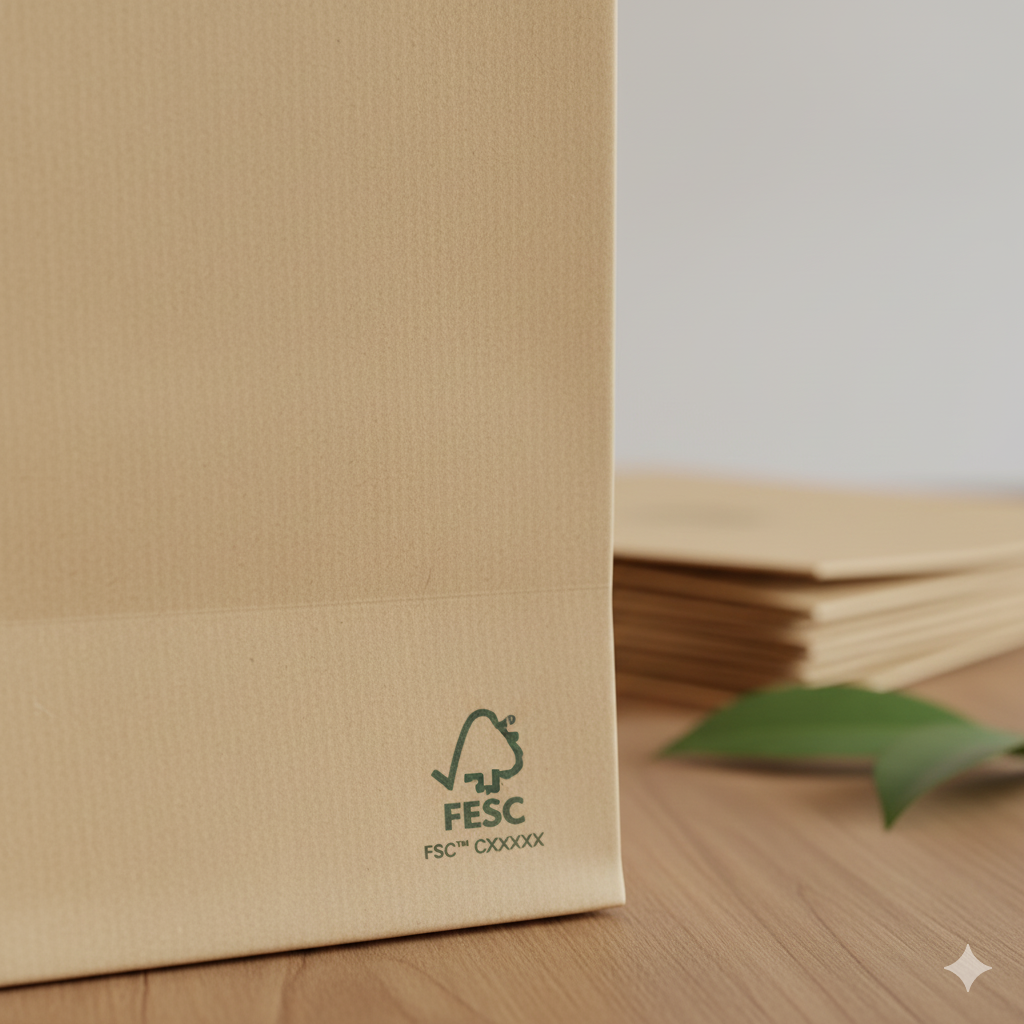 Selo de certificação FSC impresso discretamente em uma sacola de papel.