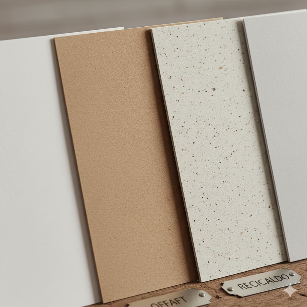 Close-up mostrando a textura de papéis Kraft e Reciclado.