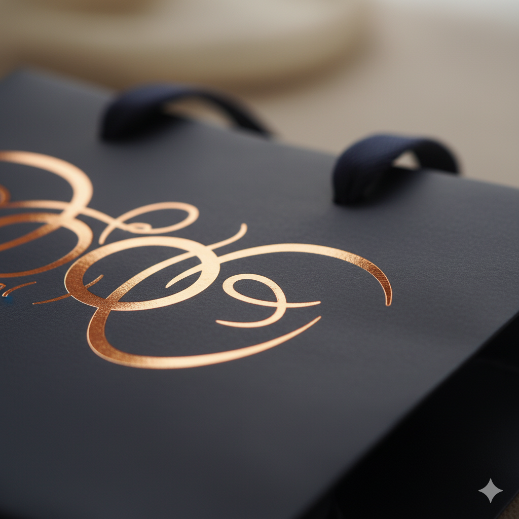 Detalhe de hot stamping dourado em uma sacola de papel escura.