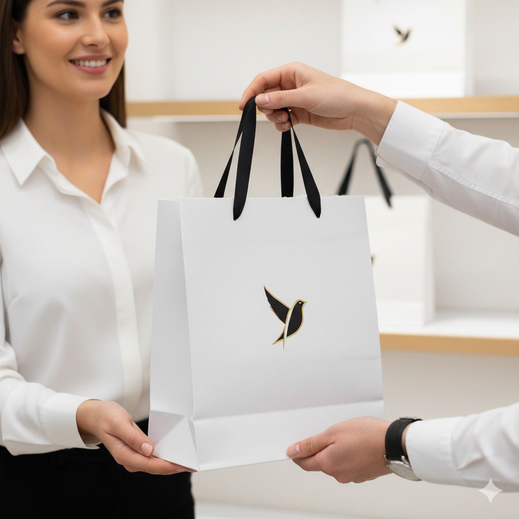 Sacola personalizada sendo entregue a um cliente, representando o poder do branding.