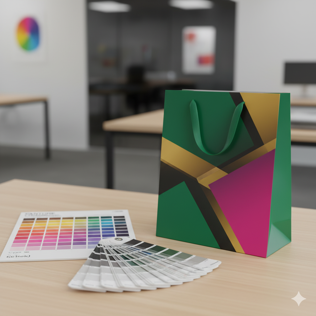 Paleta de cores CMYK e Pantone ao lado de uma sacola impressa.