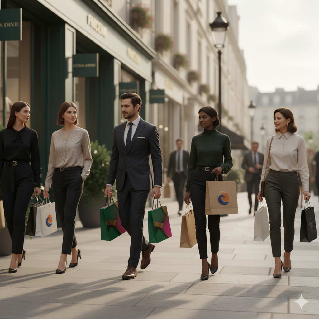 Pessoas andando na rua carregando sacolas de compras personalizadas.