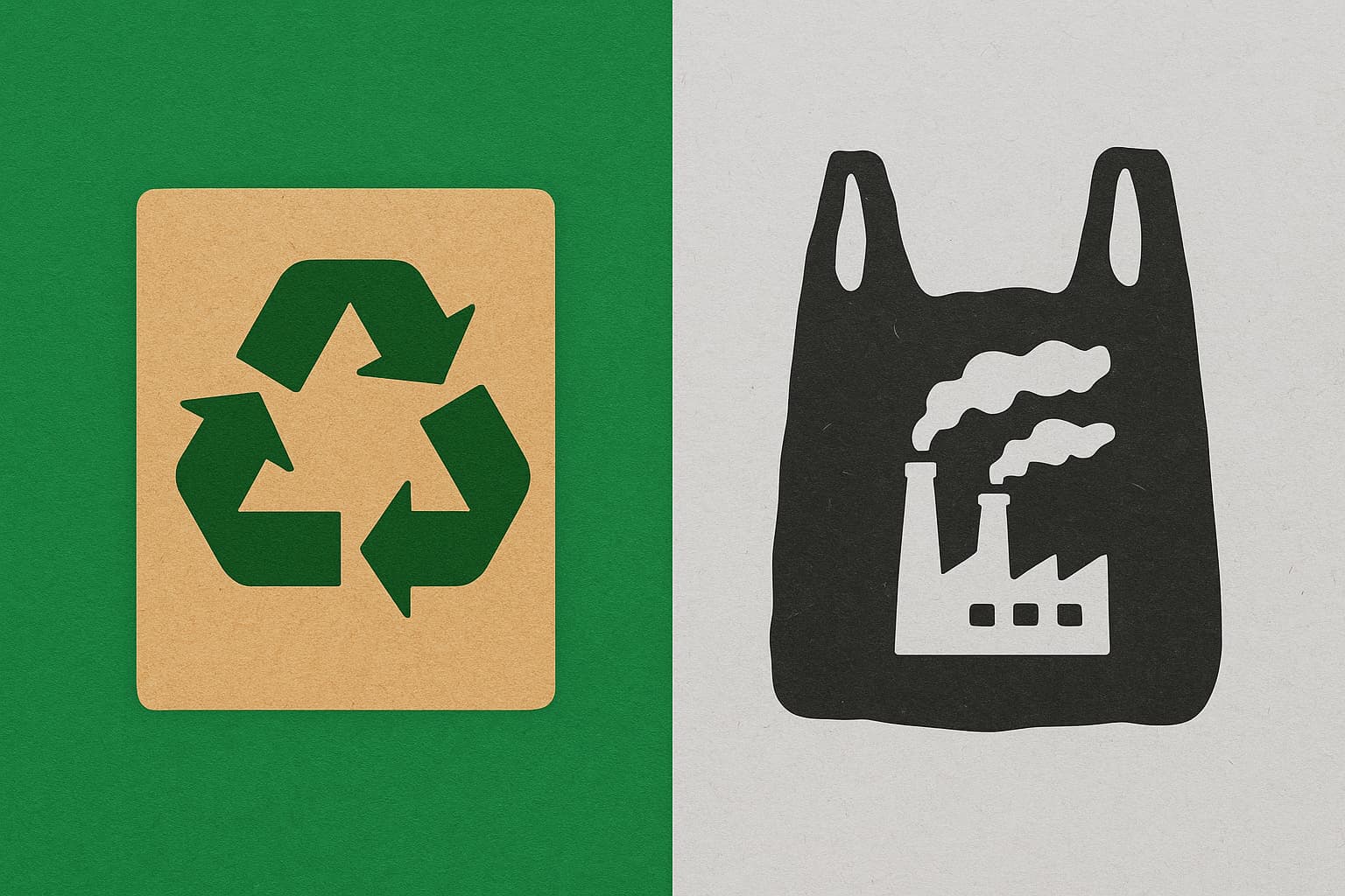 Contraste entre sacola de papel (sustentável) e sacola plástica (poluente).