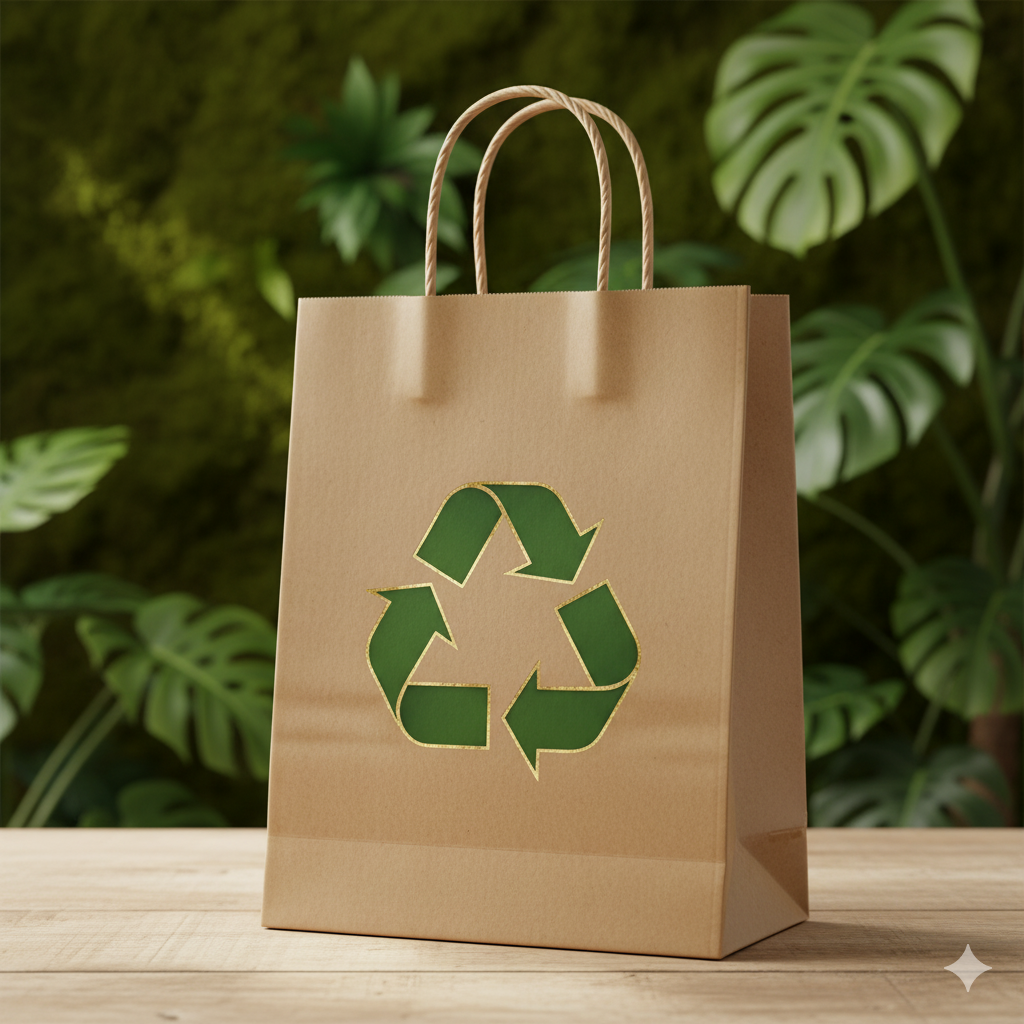 Símbolo de reciclagem feito com papel kraft.