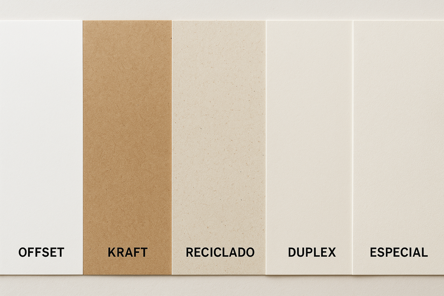 Amostras de diferentes tipos de papel (Offset, Kraft, Reciclado) dispostas lado a lado.