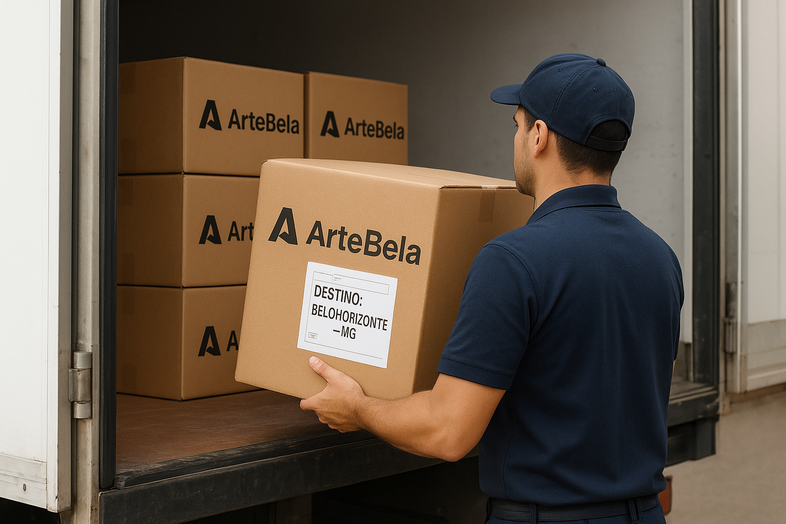 Caixas de sacolas ArteBela etiquetadas para entrega em Belo Horizonte - MG, mostrando logística SP-MG.