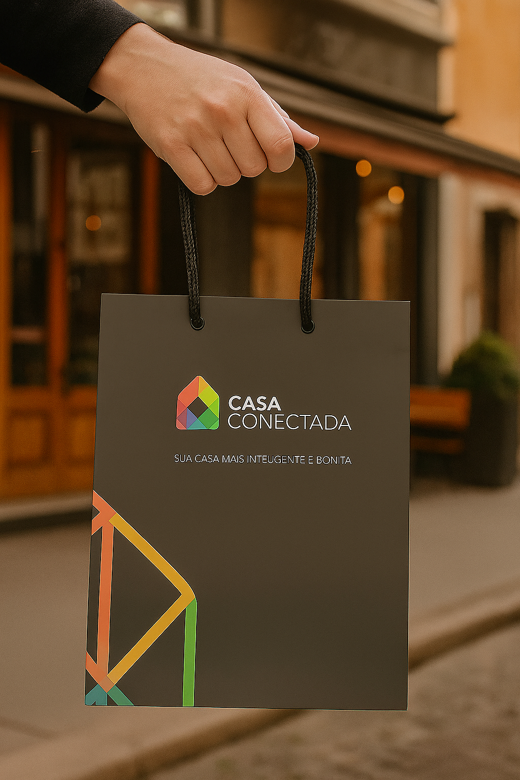 Pessoa segurando uma sacola de papel sofisticada em frente a uma loja no bairro Savassi, em Belo Horizonte.