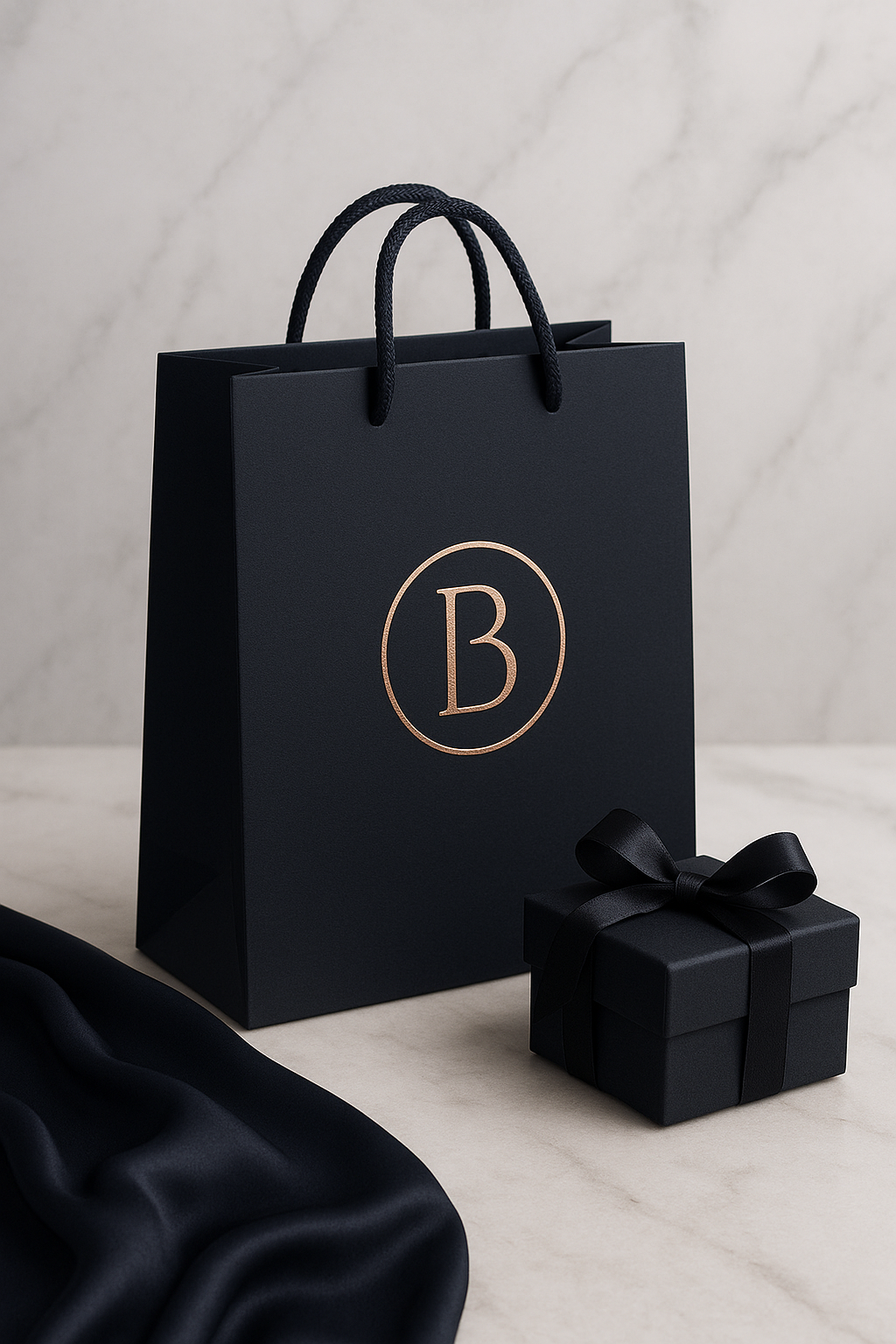 Detalhe de uma sacola de boutique em papel Offset com aplicação de logo em hot stamping dourado e relevo seco.