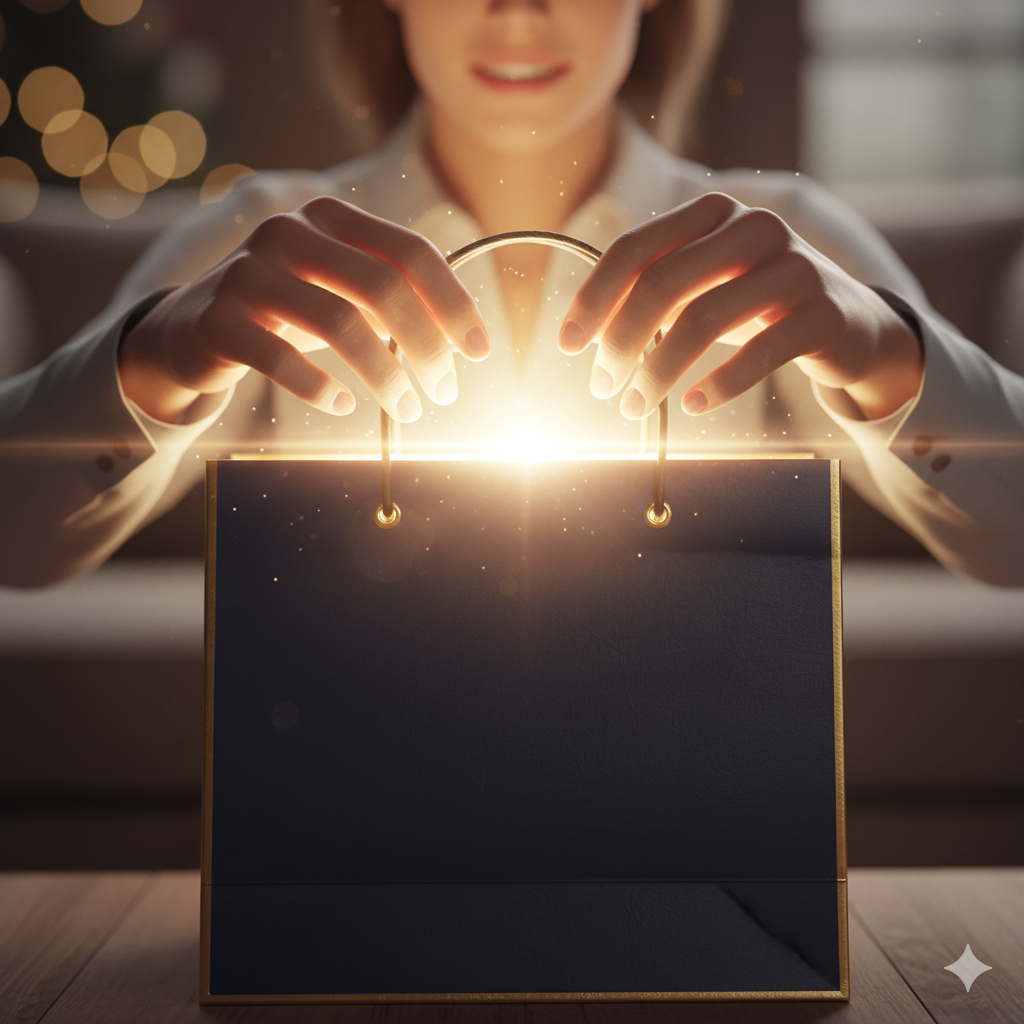 Mãos abrindo uma sacola de brinde de luxo em papel offset, criando uma experiência de unboxing.