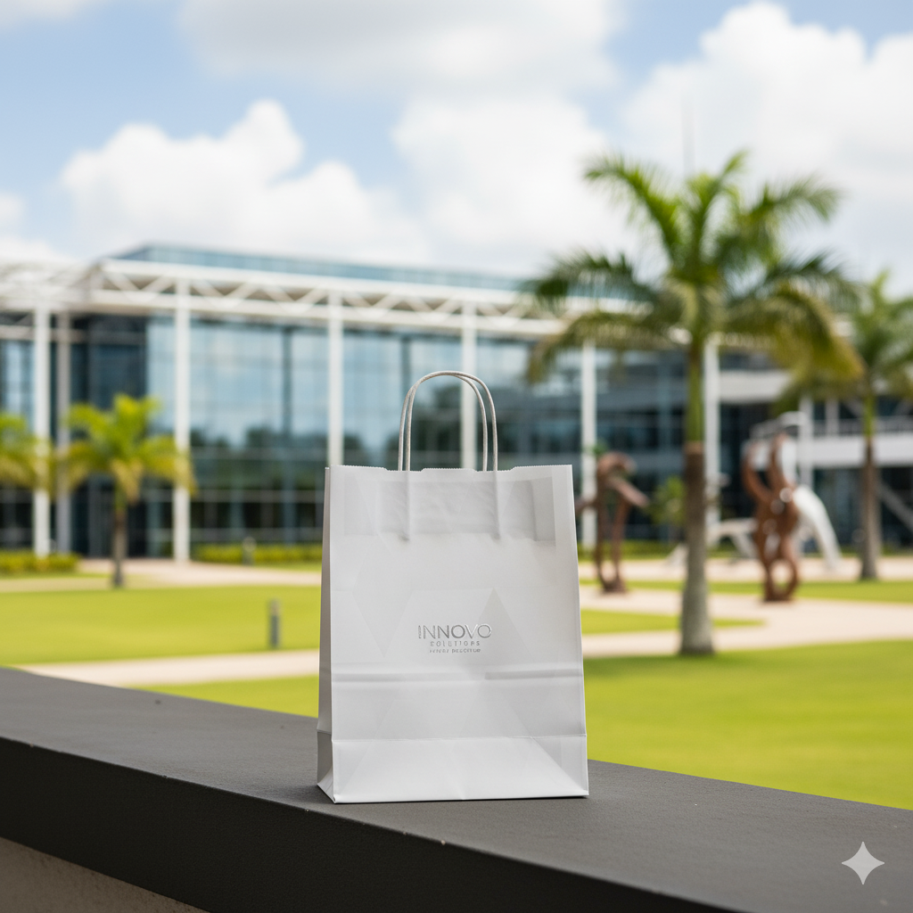 Sacola de papel com design minimalista e moderno, refletindo a inovação do mercado de Campinas.
