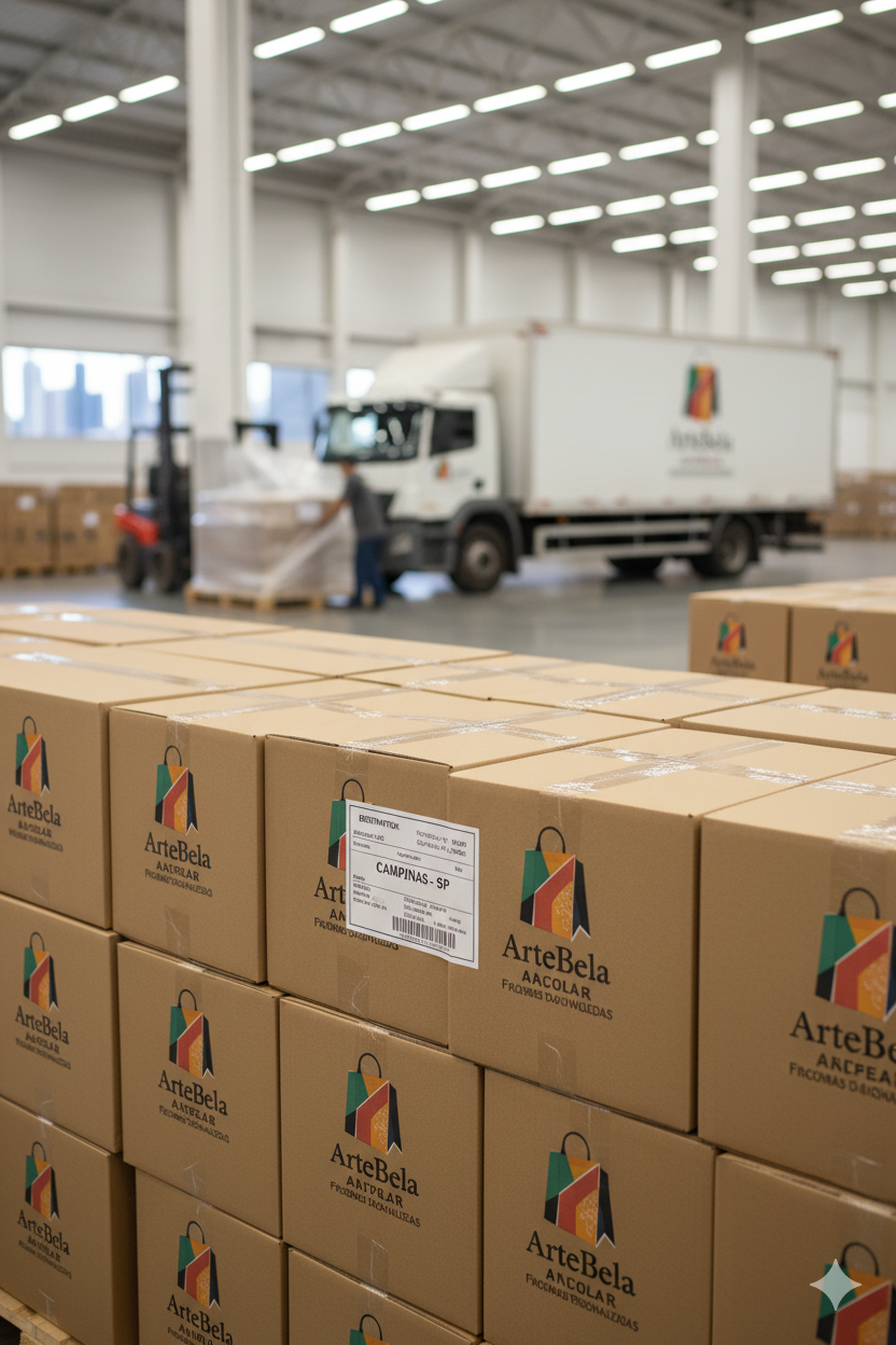 Caixas de sacolas personalizadas prontas para serem despachadas, simbolizando logística eficiente para Campinas.