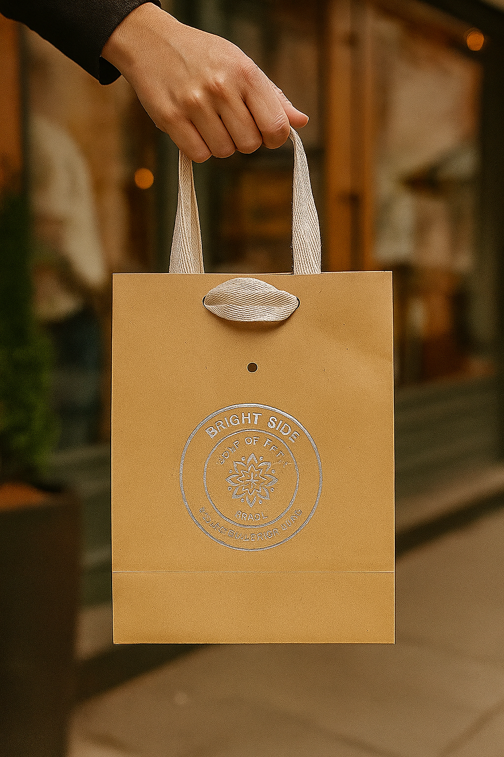 Pessoa carregando uma sacola ArteBela de papel Kraft que se destaca em uma rua de comércio em Carapicuíba.