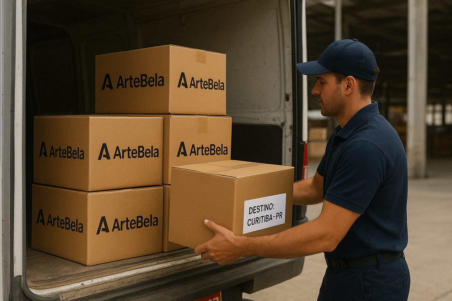 Caixas de sacolas ArteBela etiquetadas para entrega em Curitiba - PR, mostrando logística SP-PR.