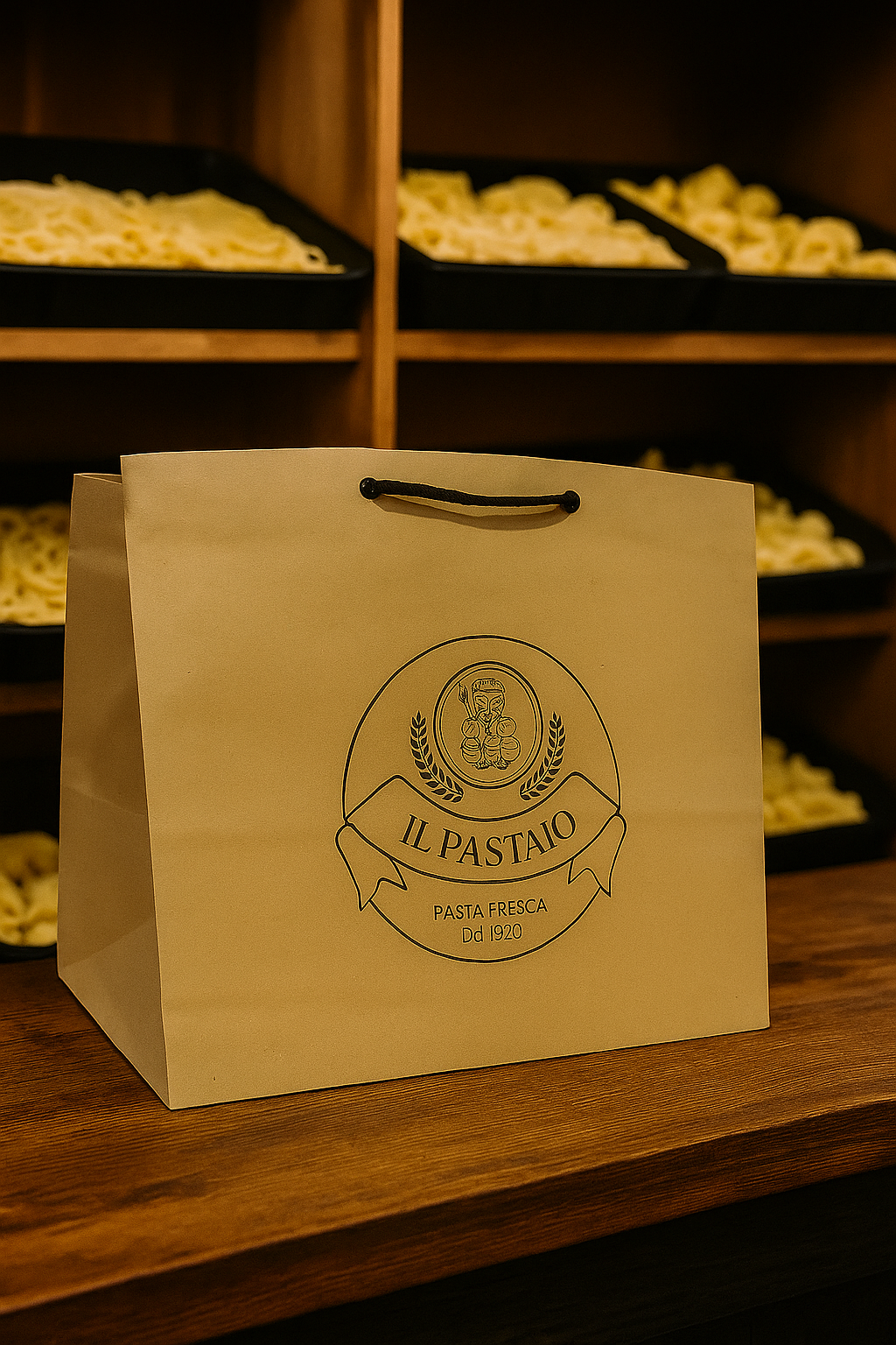 Sacola de papel Kraft com fundo quadrado, ideal para delivery de marmitas e refeições.