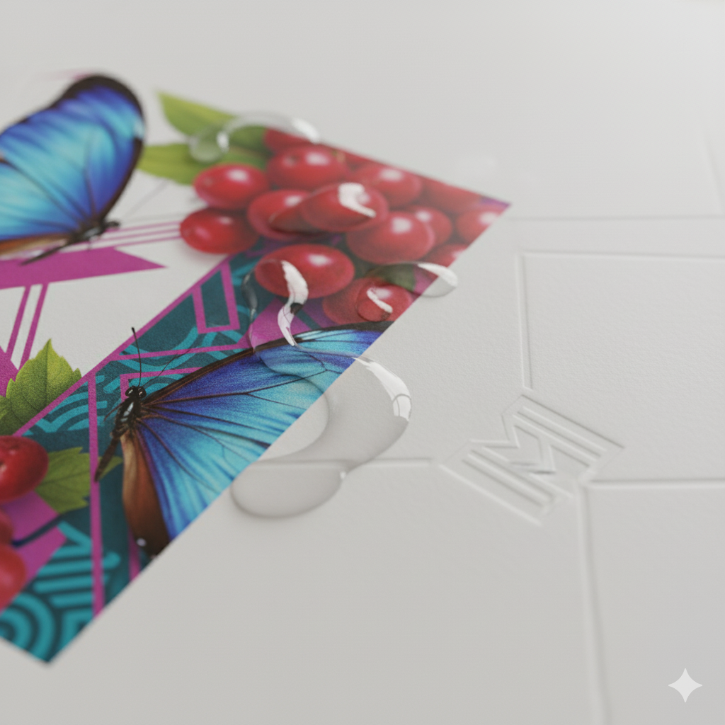 Close-up de uma sacola duplex com impressão colorida vibrante e acabamento em verniz.