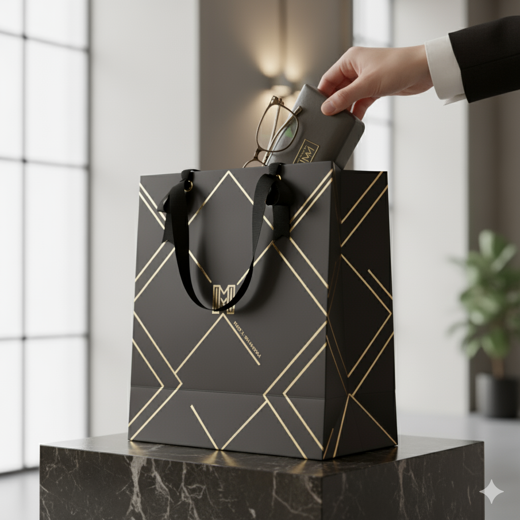 Caixa de sapato sendo colocada em uma sacola de papel duplex estruturada, que não se deforma.