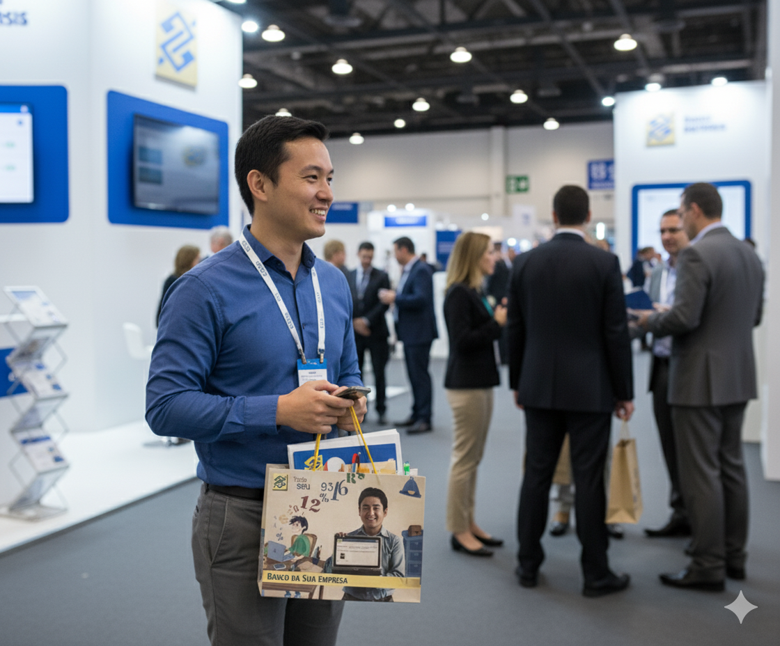Participante de um evento utilizando a sacola personalizada para carregar catálogos e brindes.