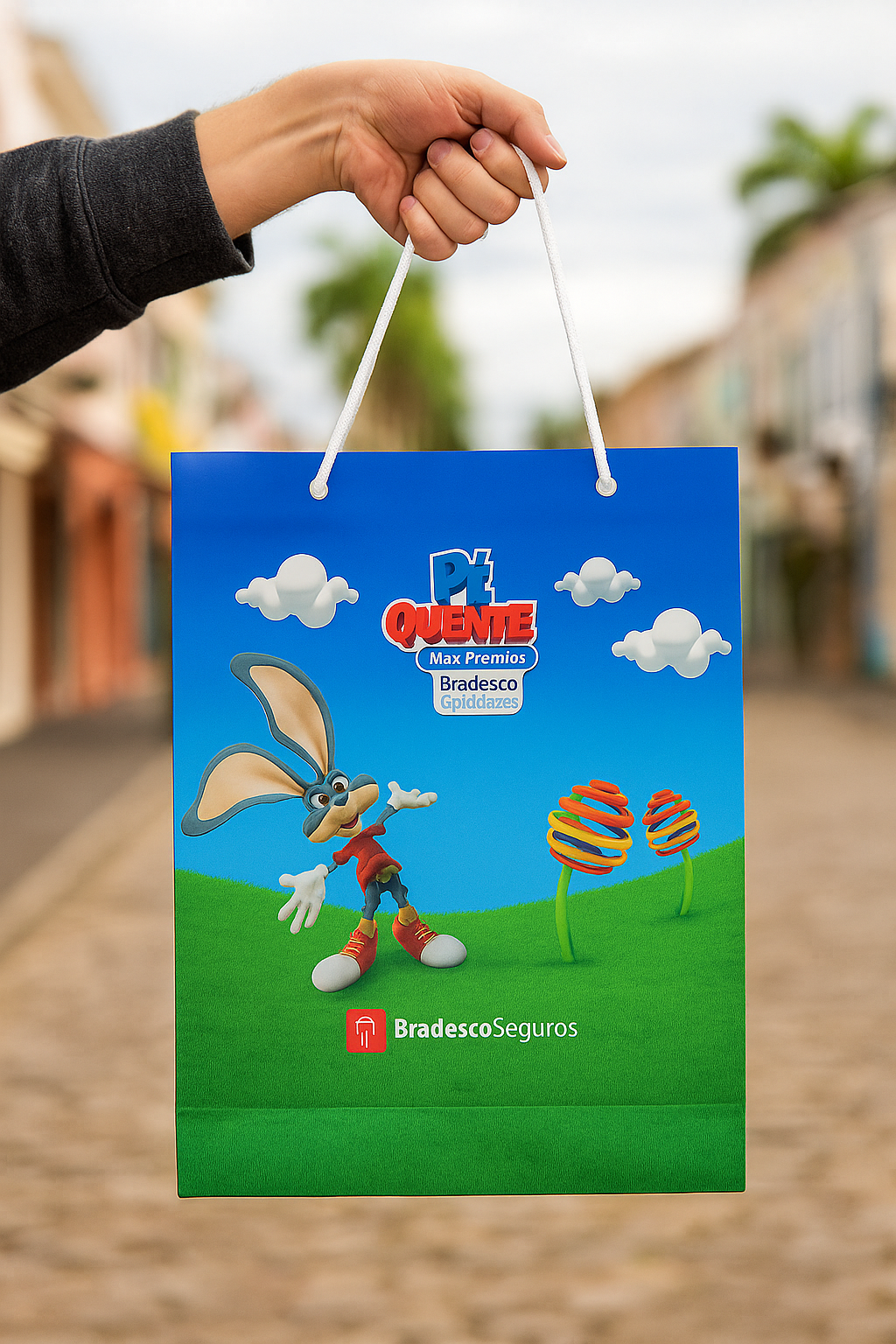 Pessoa segurando uma sacola de papel sofisticada com Jurerê Internacional ao fundo, em Florianópolis.