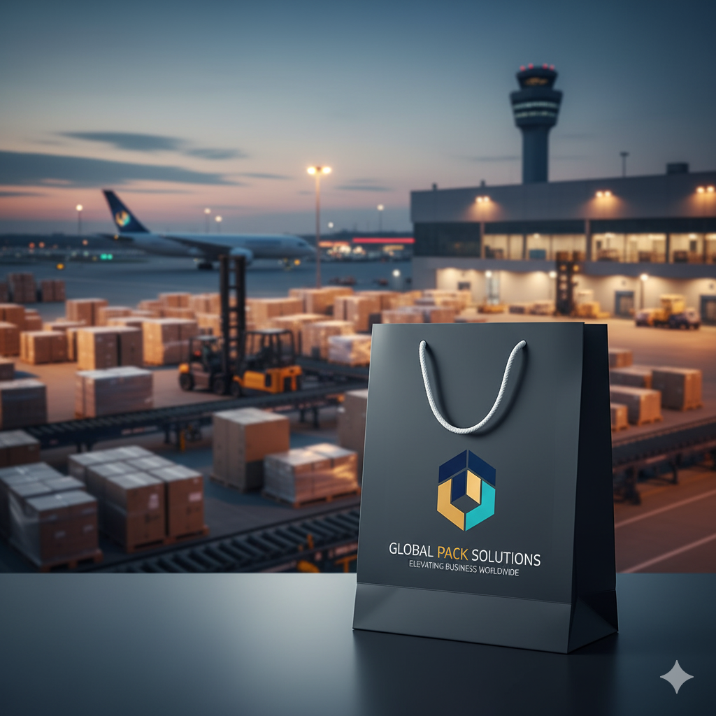 Caixas de sacolas personalizadas ArteBela prontas para expedição em um centro logístico.