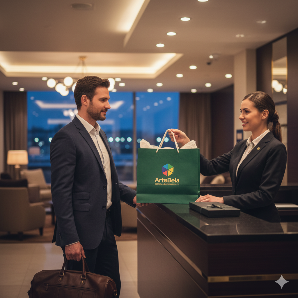 Hóspede de hotel recebendo um kit de boas-vindas em uma sacola elegante da ArteBela.