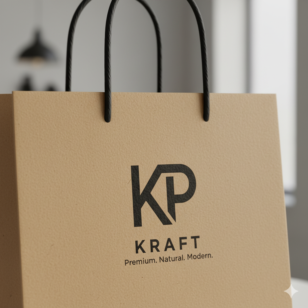 Close-up de uma sacola Kraft com um logo impresso em preto, destacando o contraste e a elegância rústica.