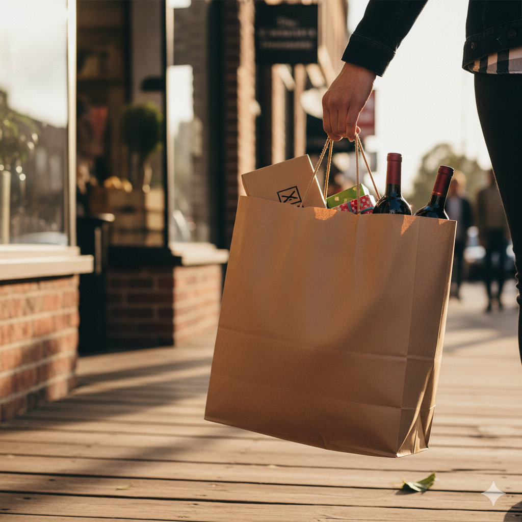 Sacola de papel Kraft transportando com segurança vários itens de delivery.