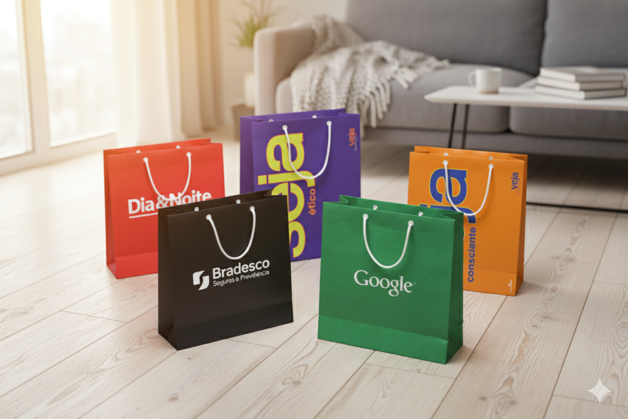 Close-up de uma sacola de papel Offset branca para clínica de estética, mostrando a impressão perfeita do logo.