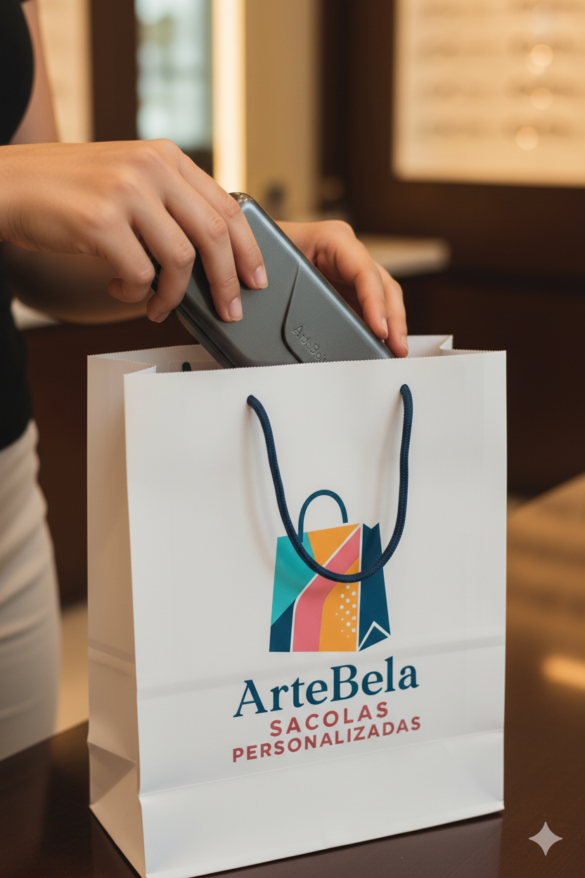 Mãos colocando uma caixa de óculos dentro de uma sacola de papel estruturada e segura.