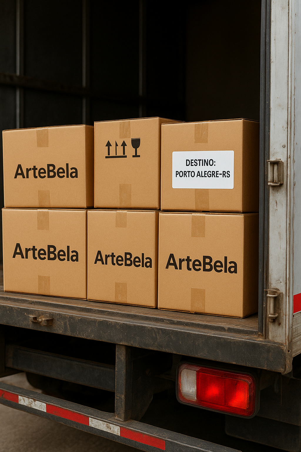 Caixas de sacolas ArteBela etiquetadas para entrega em Porto Alegre - RS, mostrando logística SP-RS.
