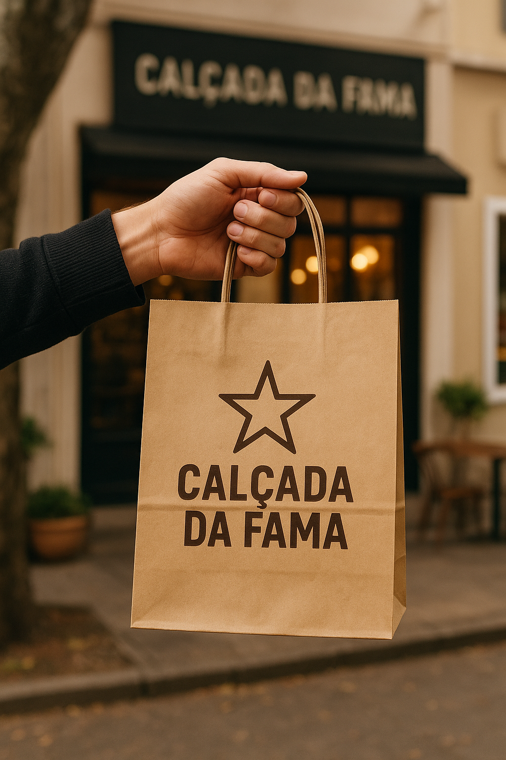 Pessoa segurando uma sacola de papel sofisticada em frente a uma loja no bairro Moinhos de Vento, em Porto Alegre.
