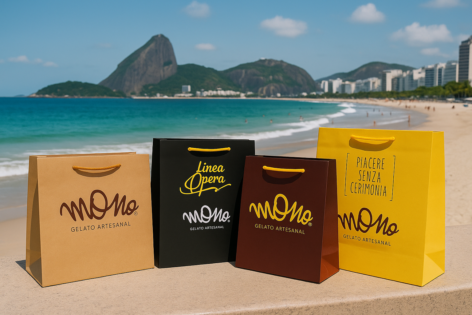 Pessoa segurando uma sacola de papel sofisticada com a orla de Ipanema ao fundo, no Rio de Janeiro.