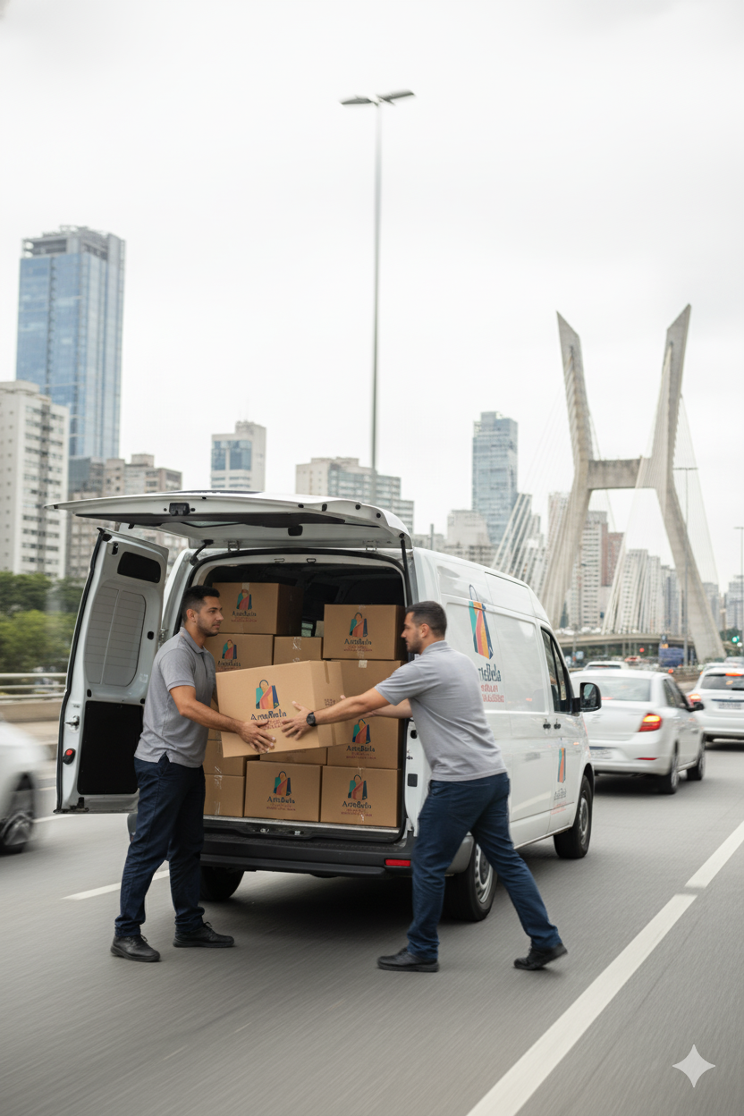 Caixas de sacolas ArteBela sendo carregadas em um veículo de entrega com a cidade de São Paulo ao fundo.