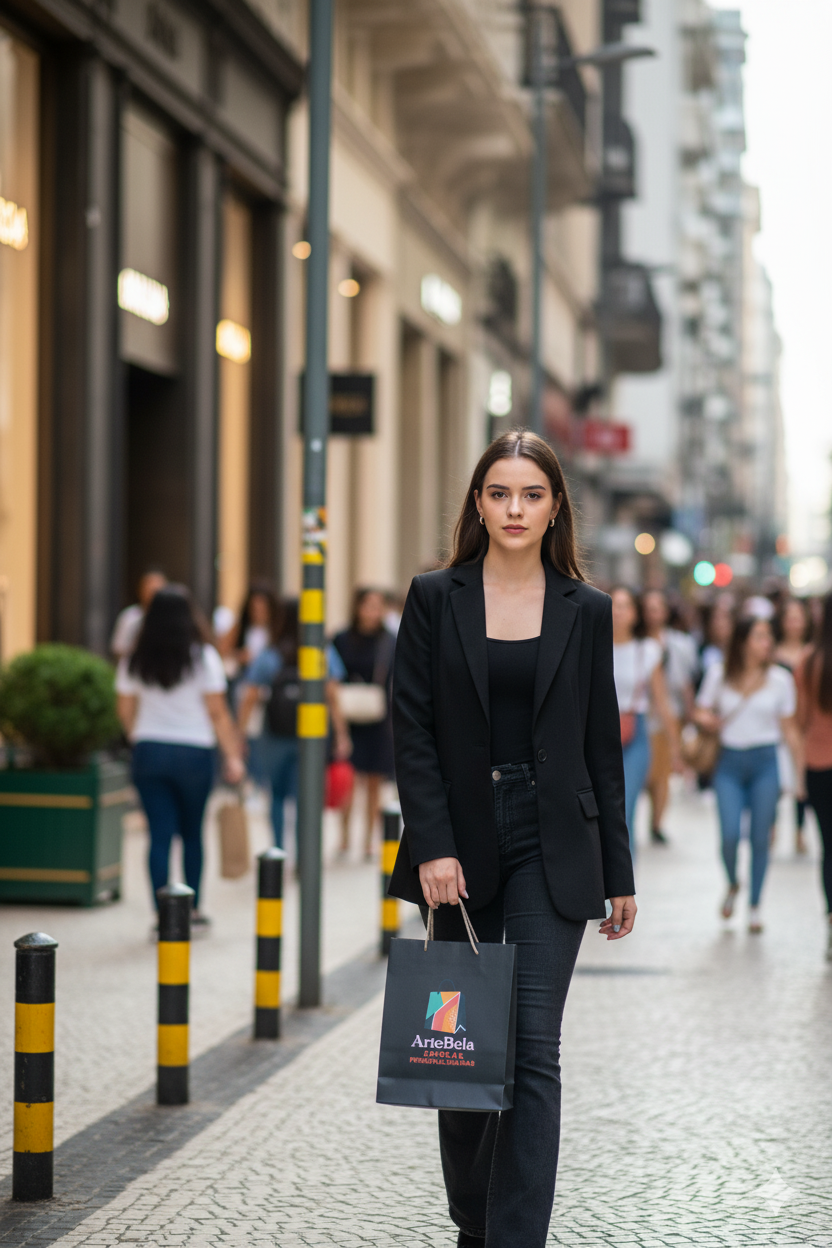 Pessoa carregando uma sacola ArteBela que se destaca em uma rua de comércio movimentada em São Paulo.