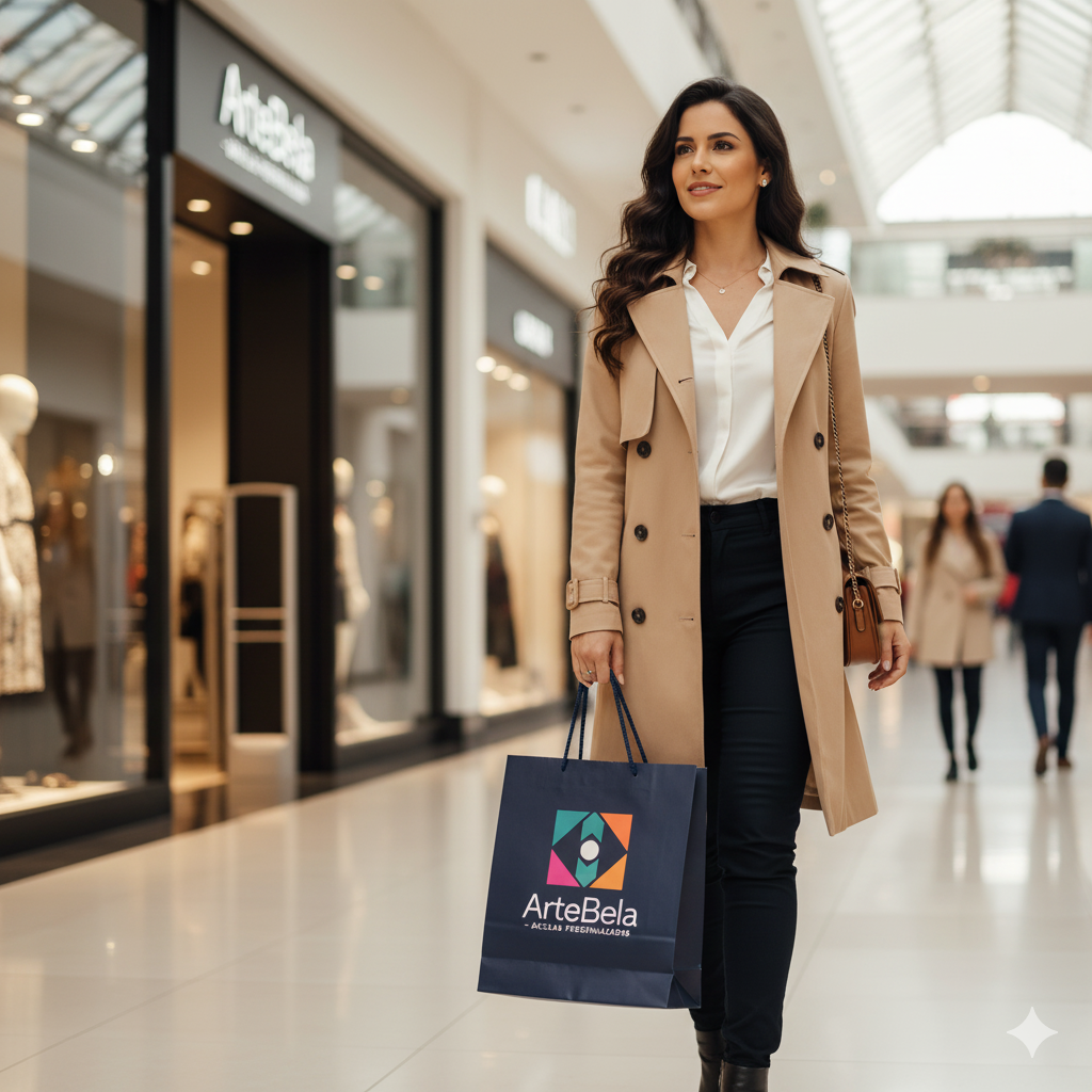Pessoa carregando sacola de compras elegante em um centro comercial no Vale do Paraíba.